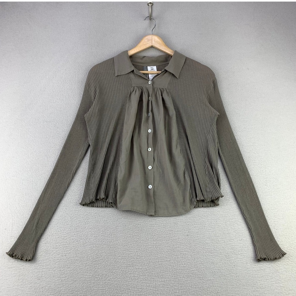 Acote Anthropologie Button Up Top Size 2 Brown Ribbed Pleated Long Sleeve Blouse